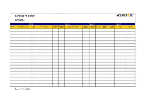 Expense Register Template for Project Managers