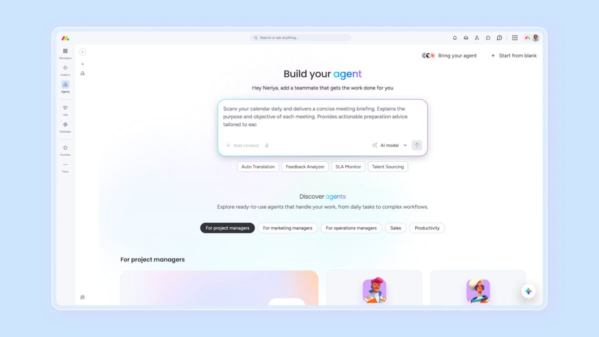 Monday.com AI agent builder home screen