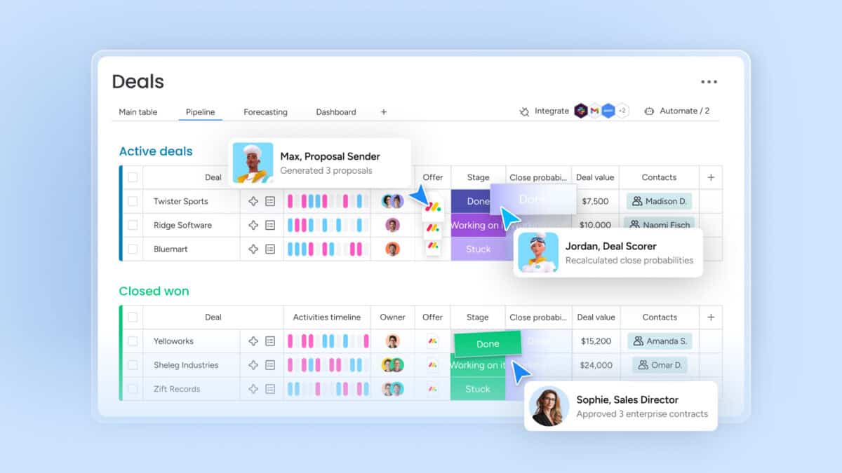 Monday.com CRM deals pipeline with AI agent tips