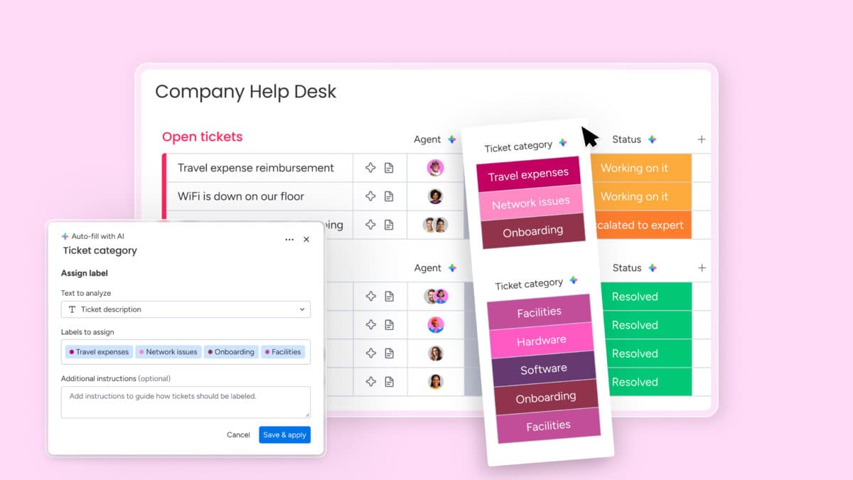 Monday.com help desk with AI ticket categorization