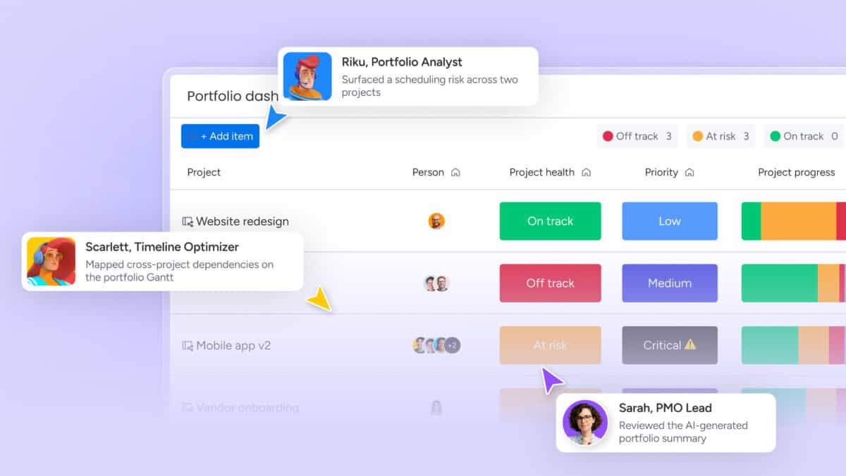 Monday.com portfolio dashboard with AI project management agents