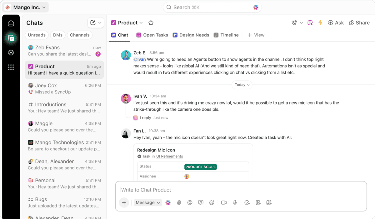 ClickUp team chat