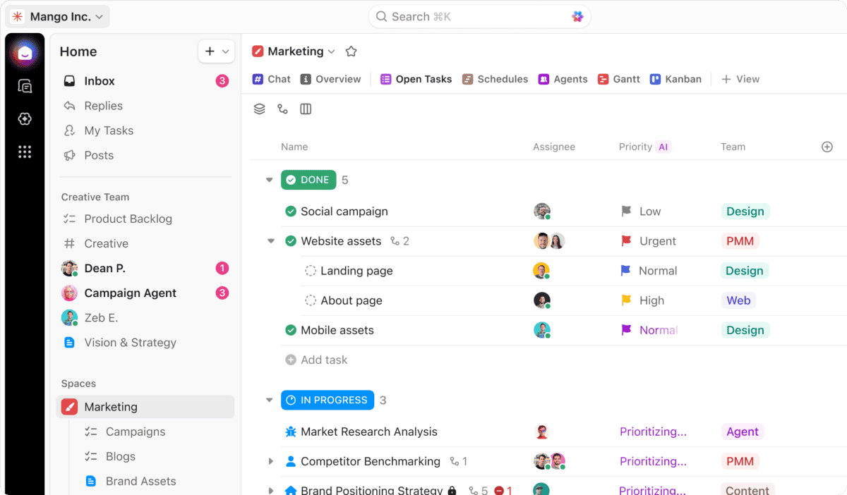 ClickUp projects and tasks view