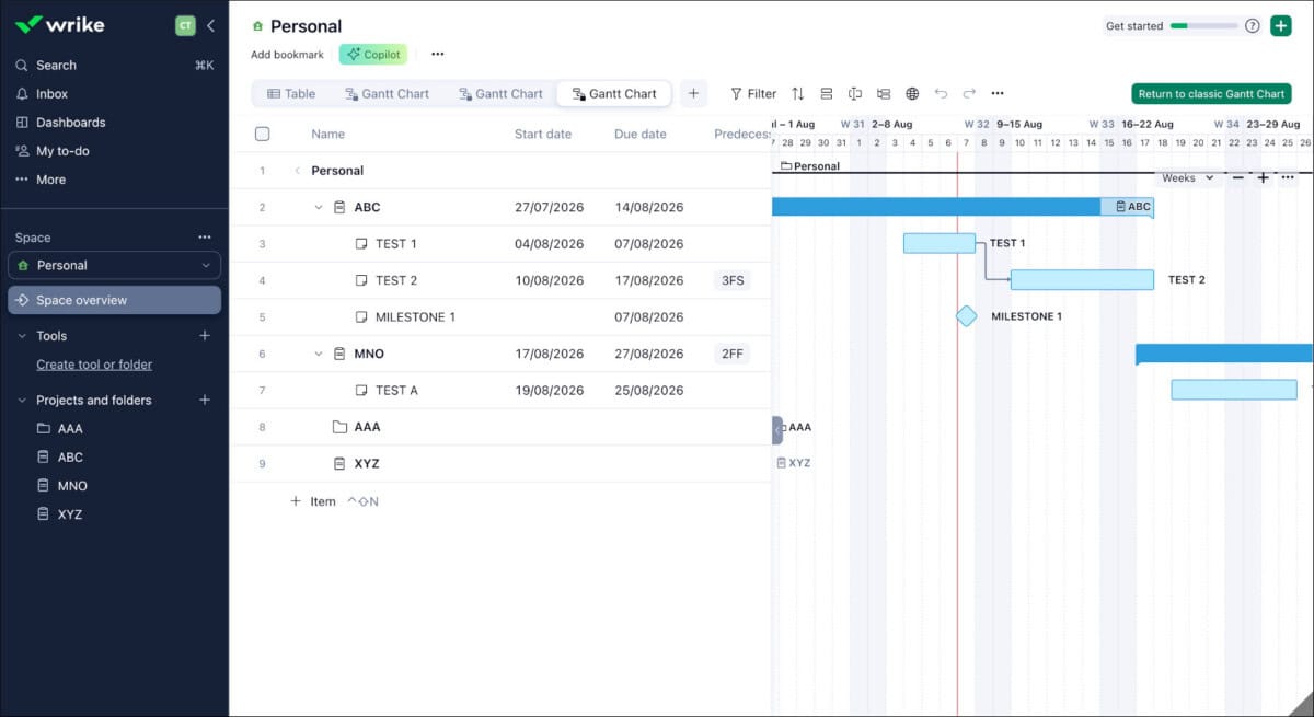 Wrike Gantt chart with task dependencies in weeks view