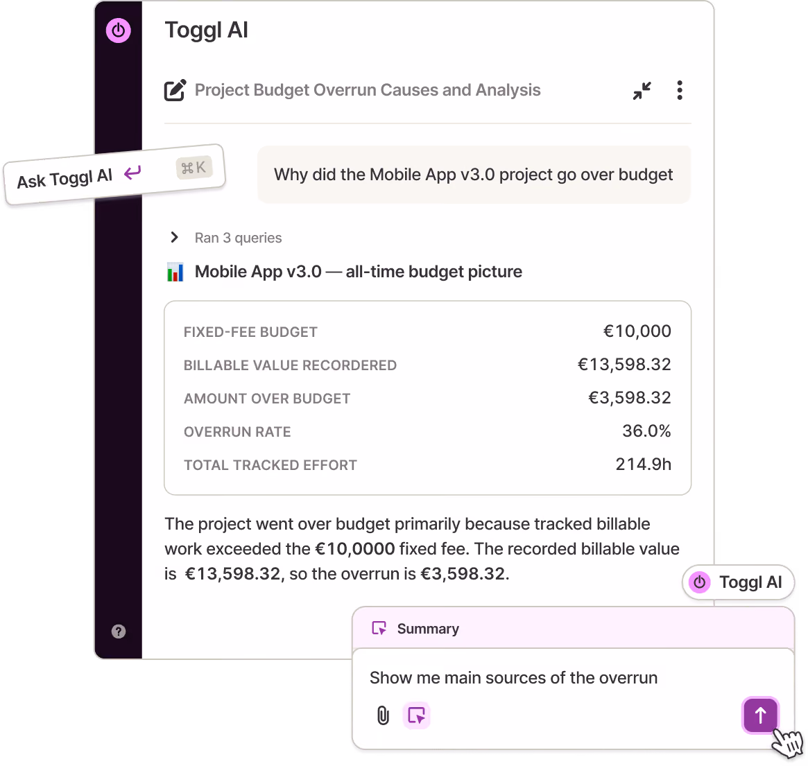 Toggl AI answering questions about workspace time data