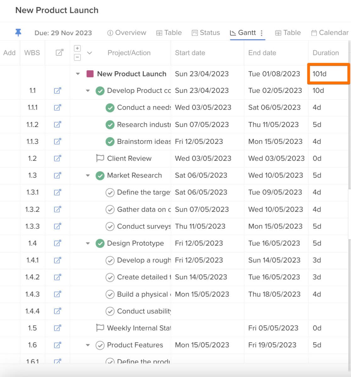 Hive Gantt table with duration column