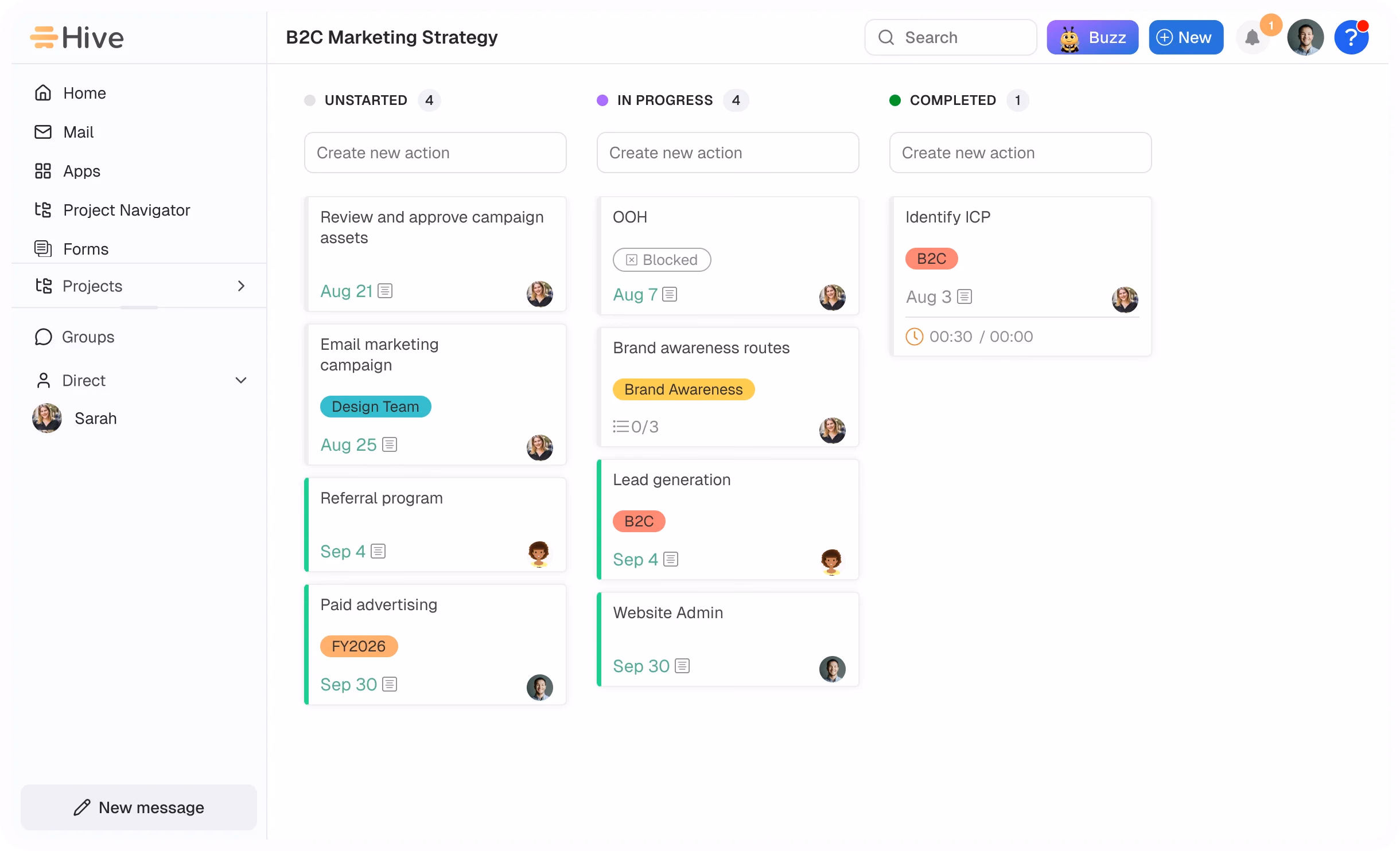 Hive project management dashboard with the Buzz AI assistant