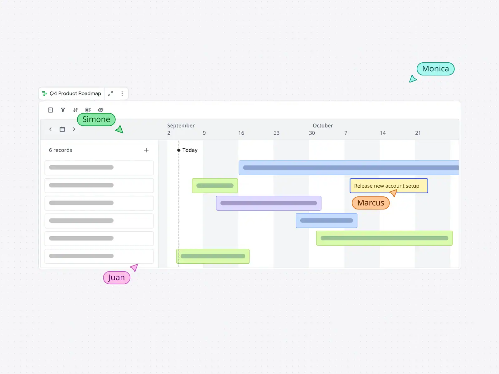 Miro timeline view showing a project schedule and deadlines