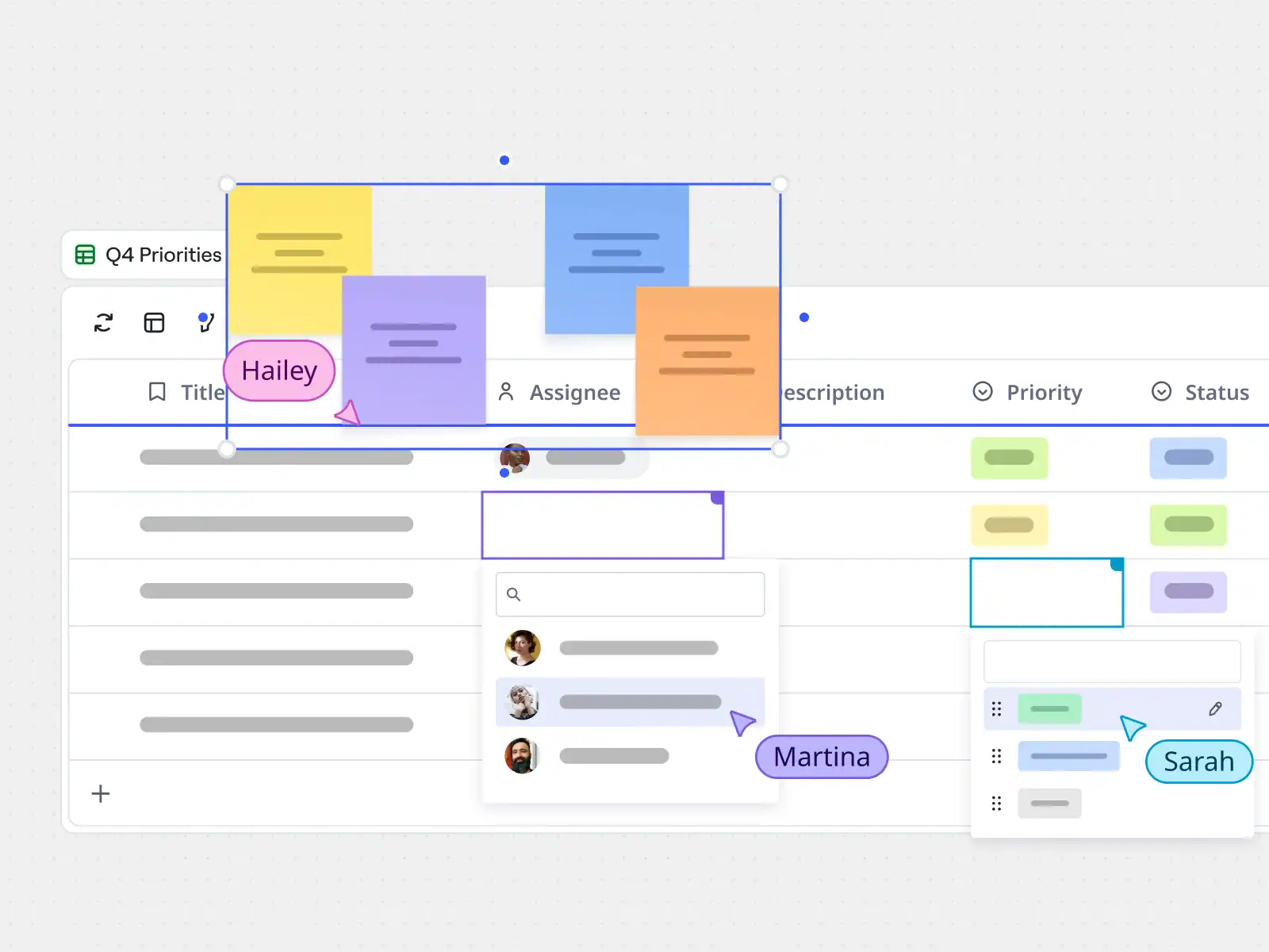 Miro table with tasks assigned to team members