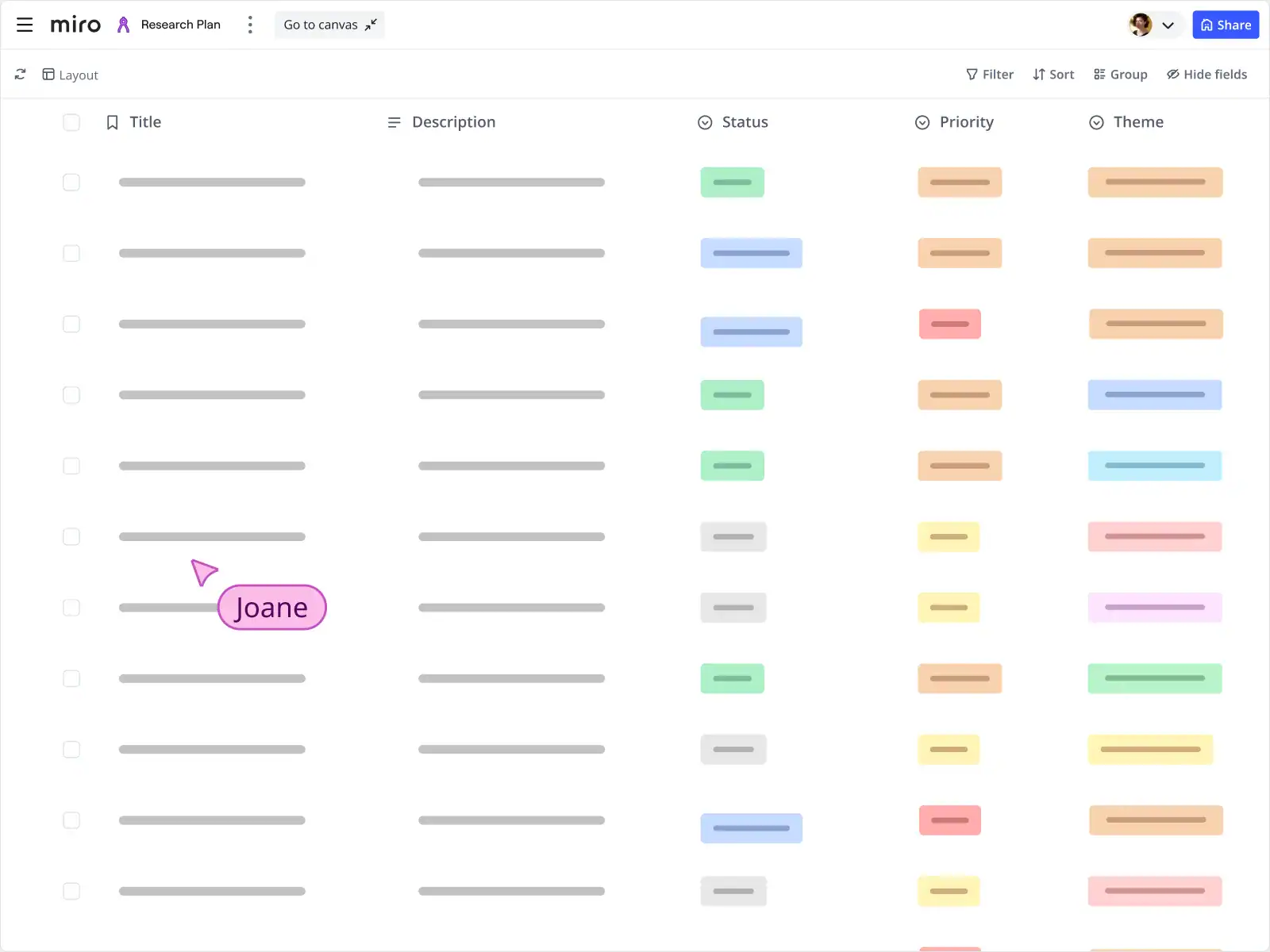Miro full-screen roadmap in timeline view