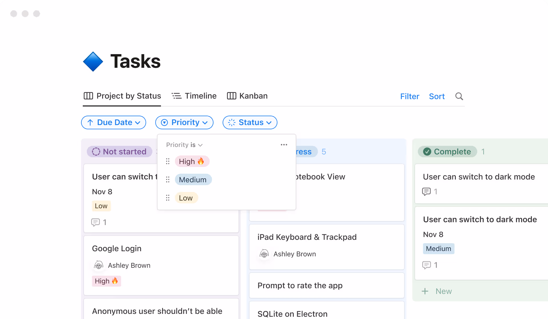Notion filtered Kanban view