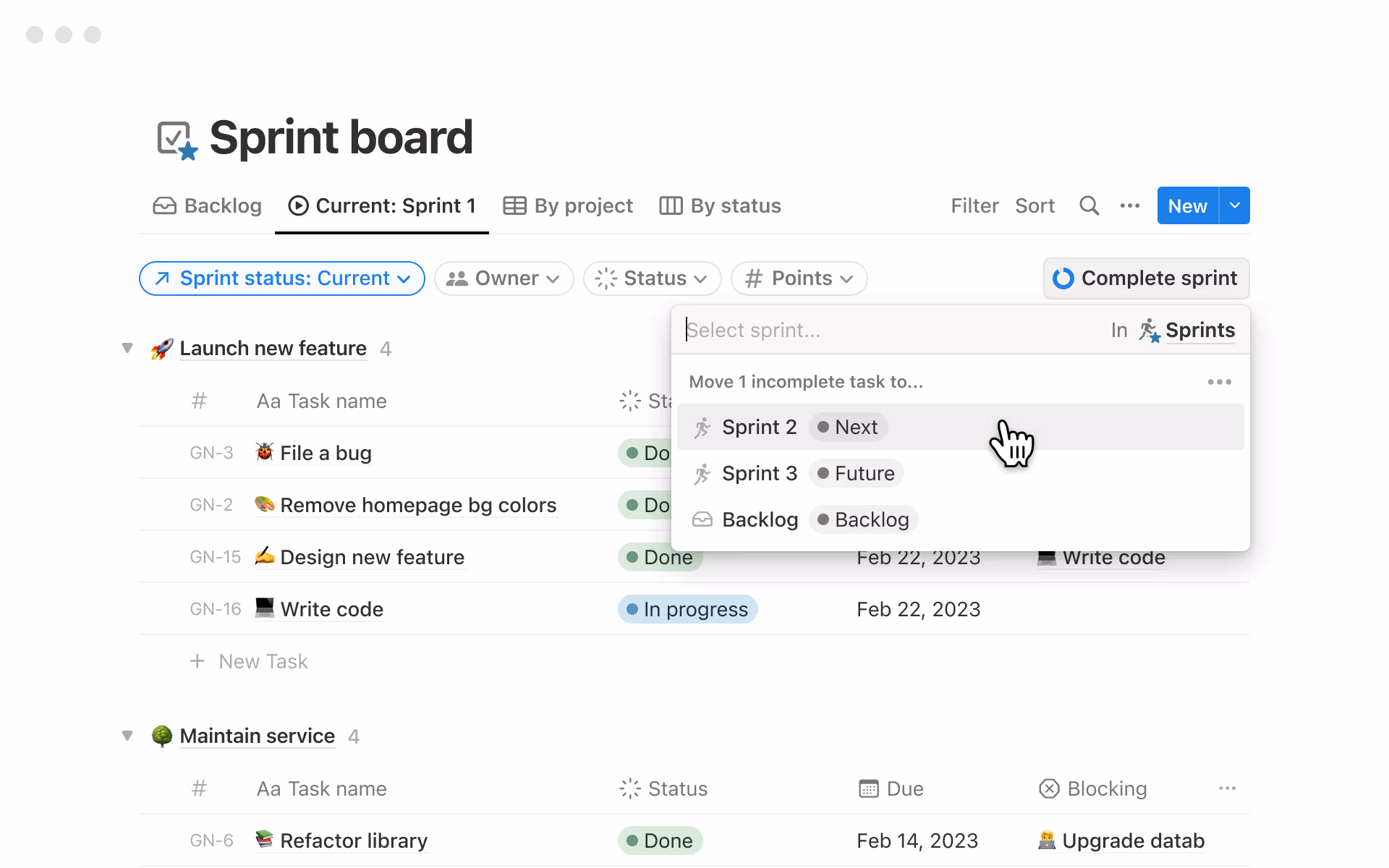 Notion sprint board