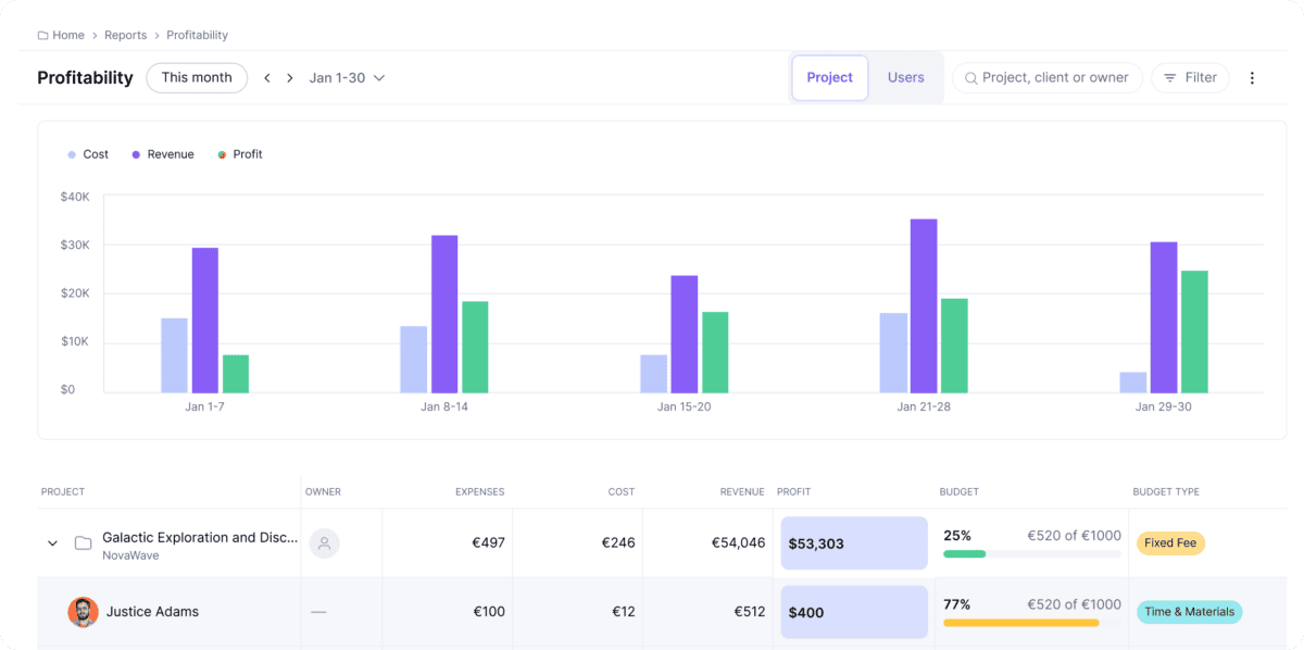 Teamwork.com profitability chart with cost, revenue and profit by project