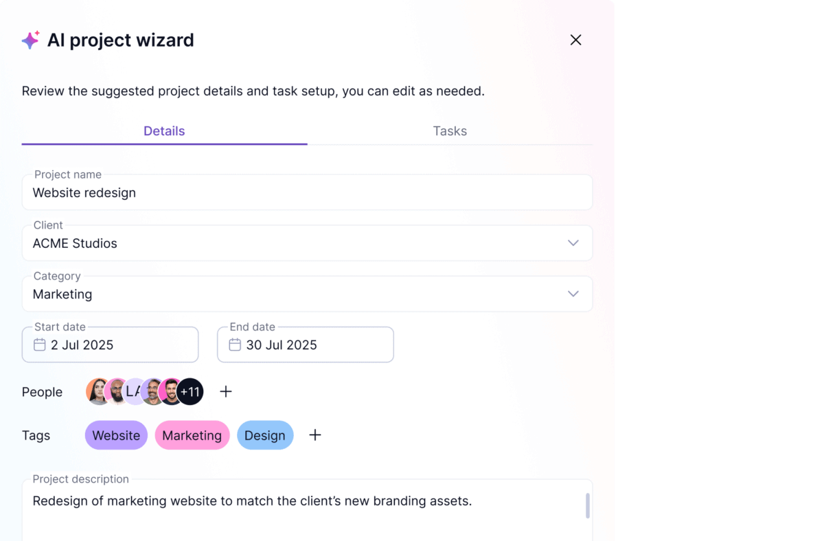 Teamwork.com AI Project Wizard creating a new project