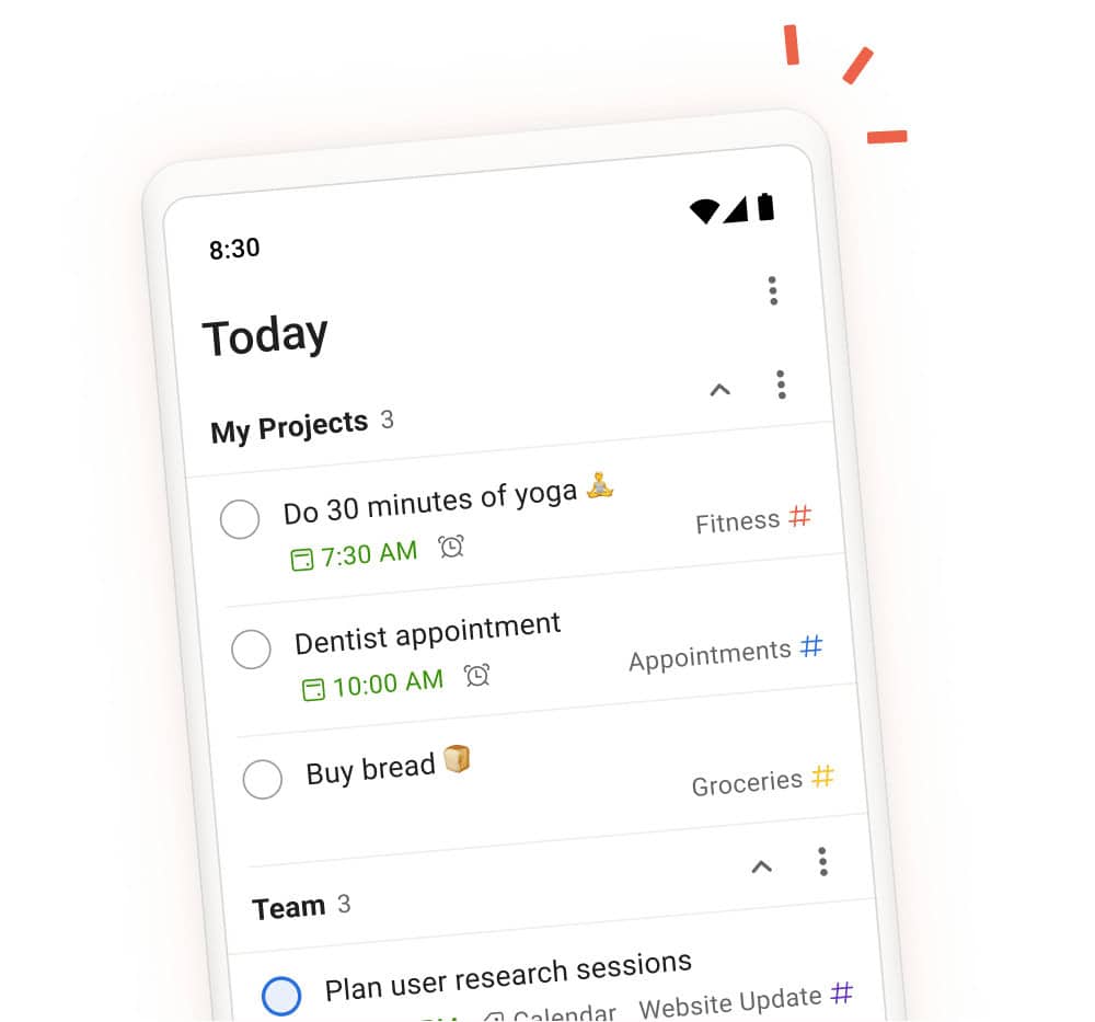 Todoist app showing daily tasks, projects and team sections