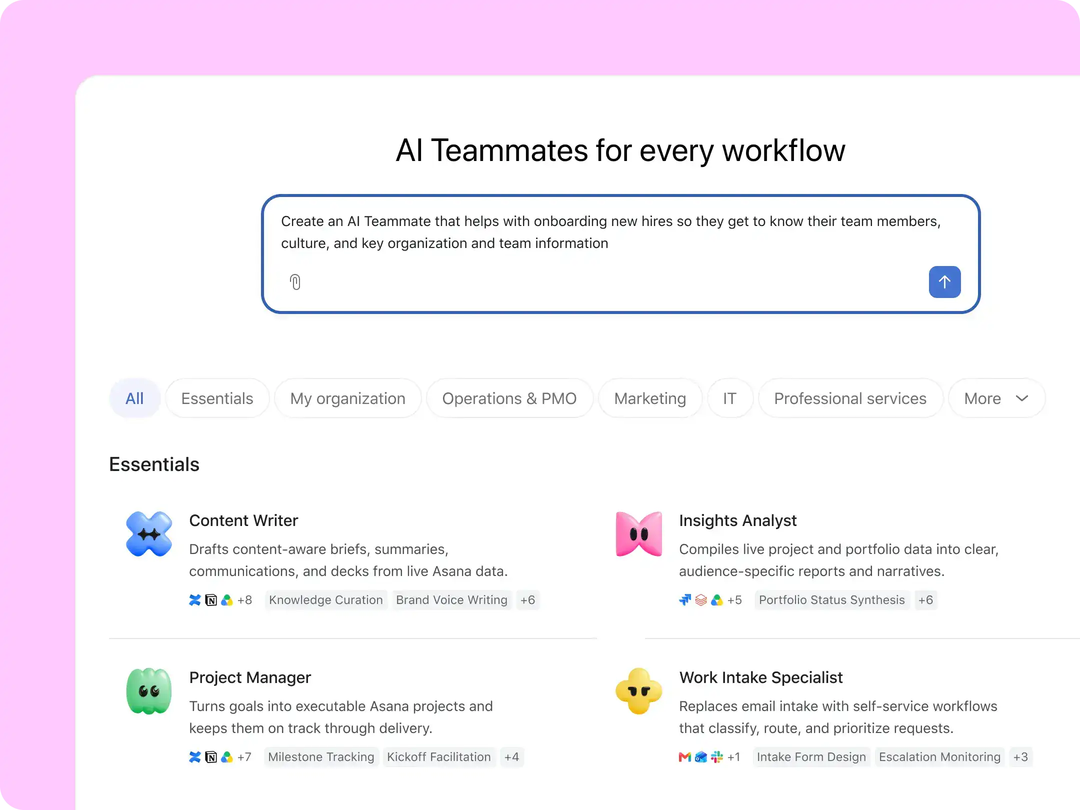 Asana AI Teammates gallery of pre-built AI agents