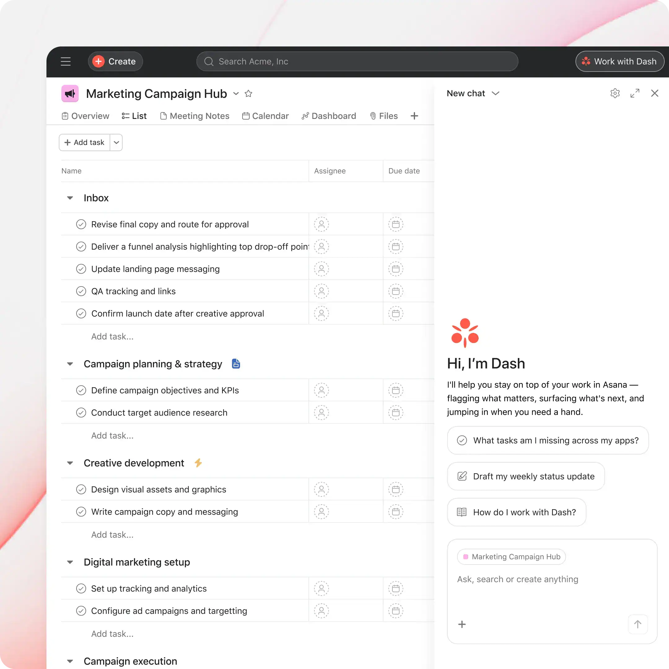 Asana Dash AI assistant with suggested actions