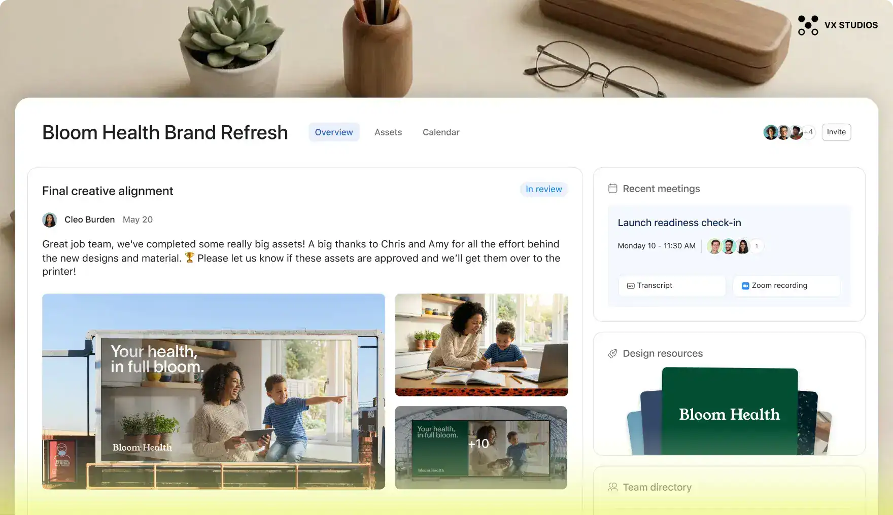 Asana client project with updates, meetings and team directory