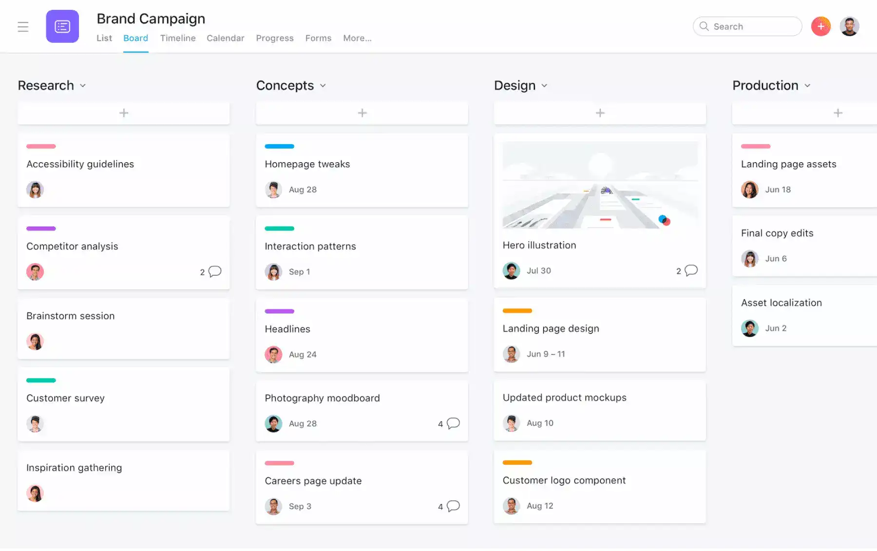 Asana brand campaign project in board view