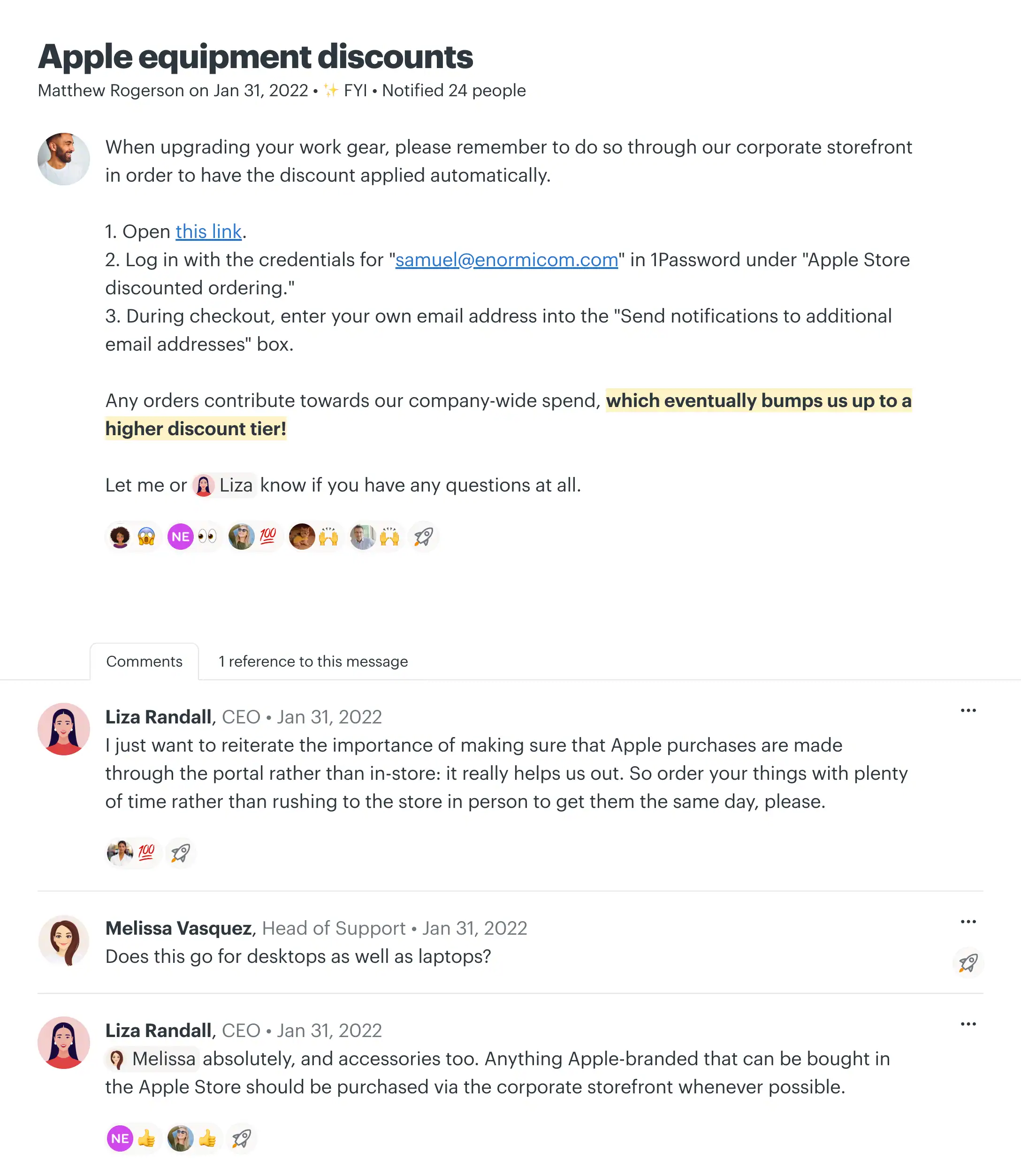 Basecamp message board for announcements and discussions