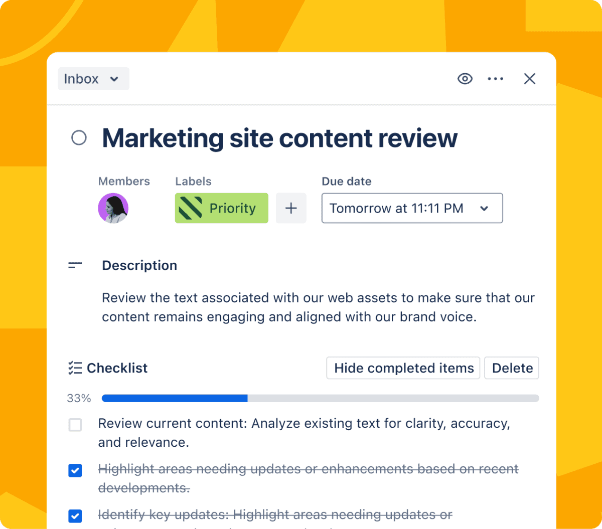Trello card with due dates, checklist and attachments